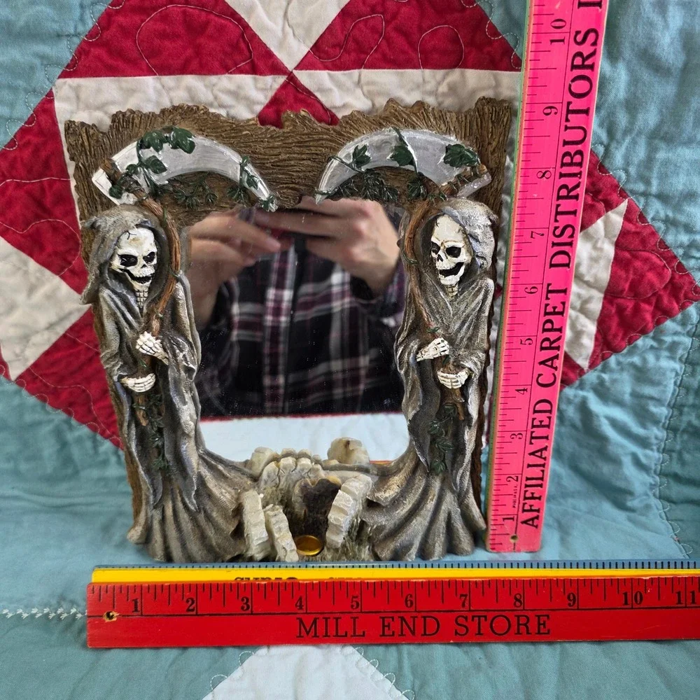 Grim Reaper Skeleton Scythe Gothic Ritual Mirror Candle Holder E.U. Home Decor